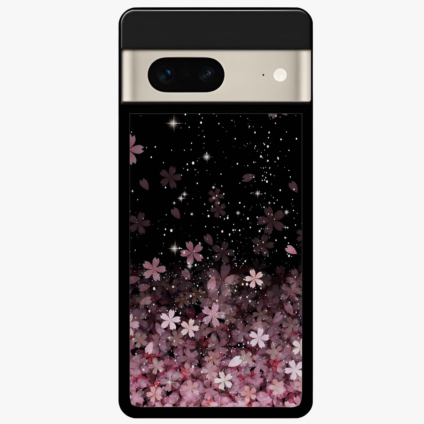 Small Starry Flowers Glass Case showing flat back view with delicate starry floral artwork and glossy glass finish.