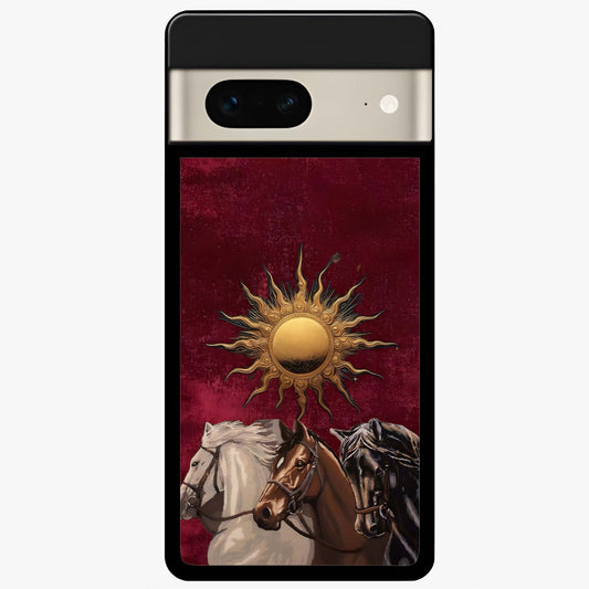 Solar Riders Glass Case showing flat back view with dynamic rider themed artwork and glossy glass finish.