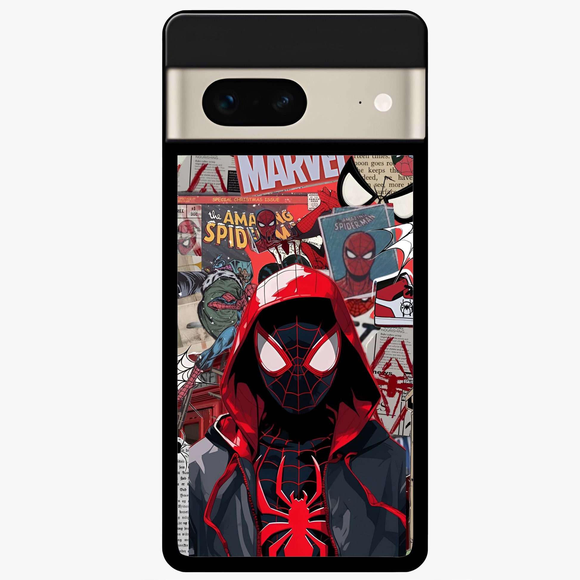 Spider Collage Street Glass Case showing flat back view with vibrant superhero collage artwork and glossy glass finish.