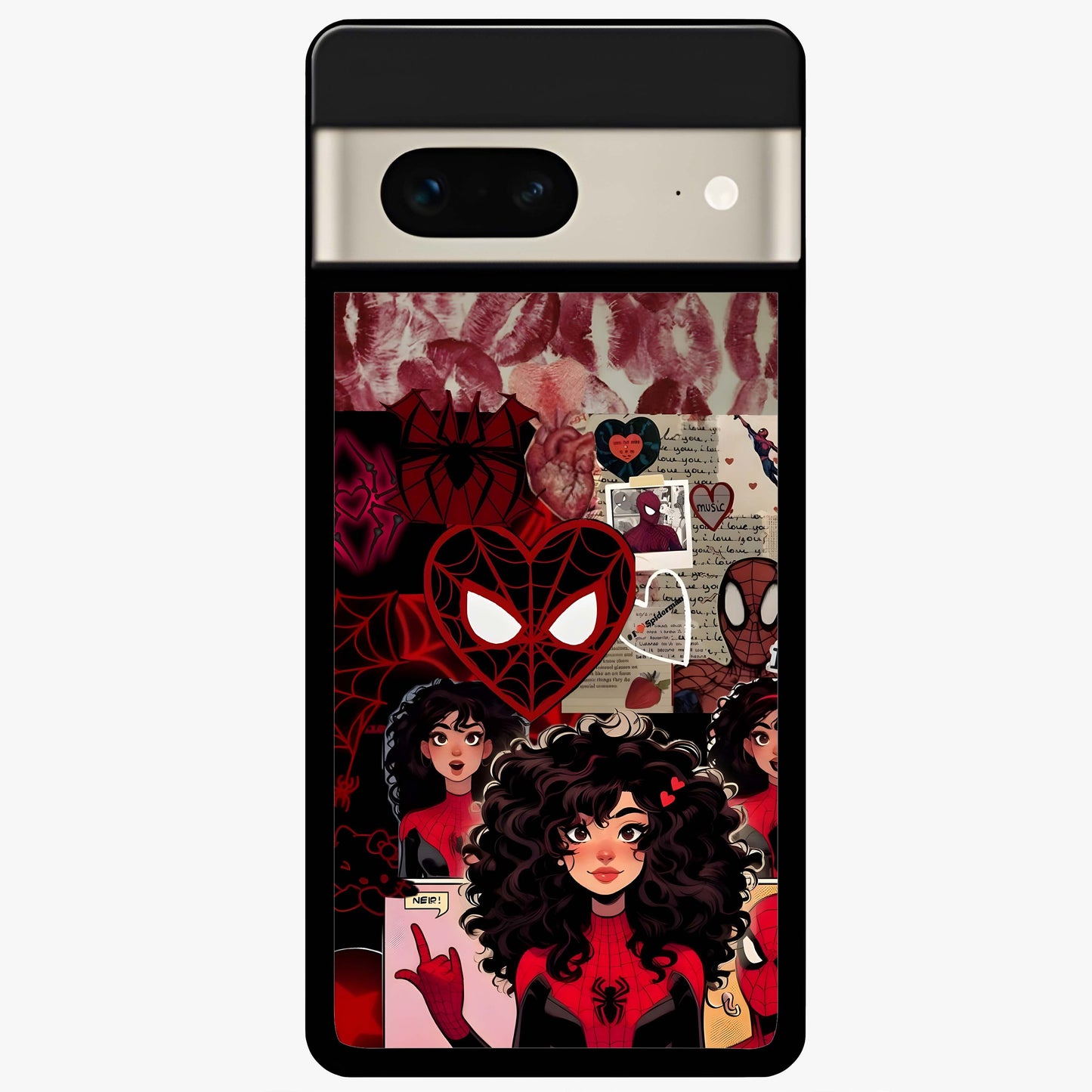Spider Love Story Glass Case showing flat back view with romantic superhero themed artwork and glossy glass finish.