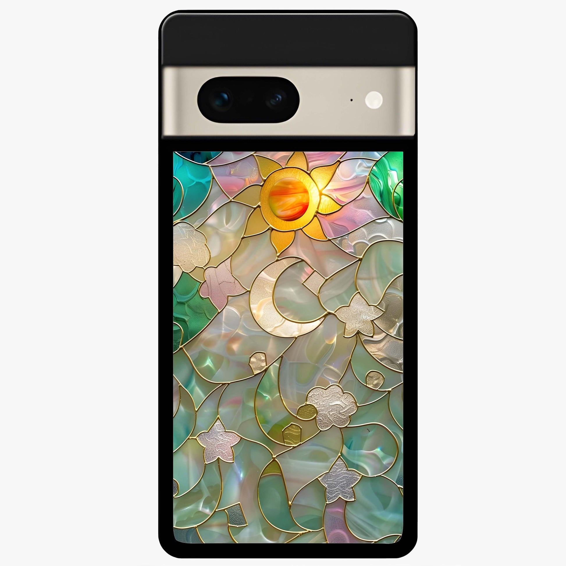 Stained Sunrise Glow Glass Case showing flat back view with glowing sunrise stained pattern artwork and glossy glass finish.