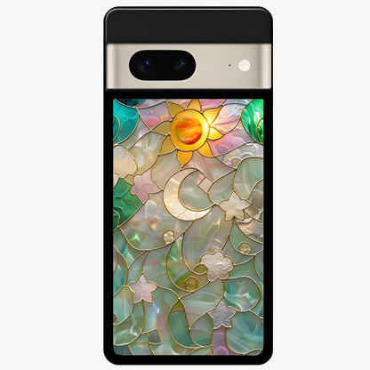 Stained Sunrise Glow Glass Case showing flat back view with glowing sunrise stained pattern artwork and glossy glass finish.