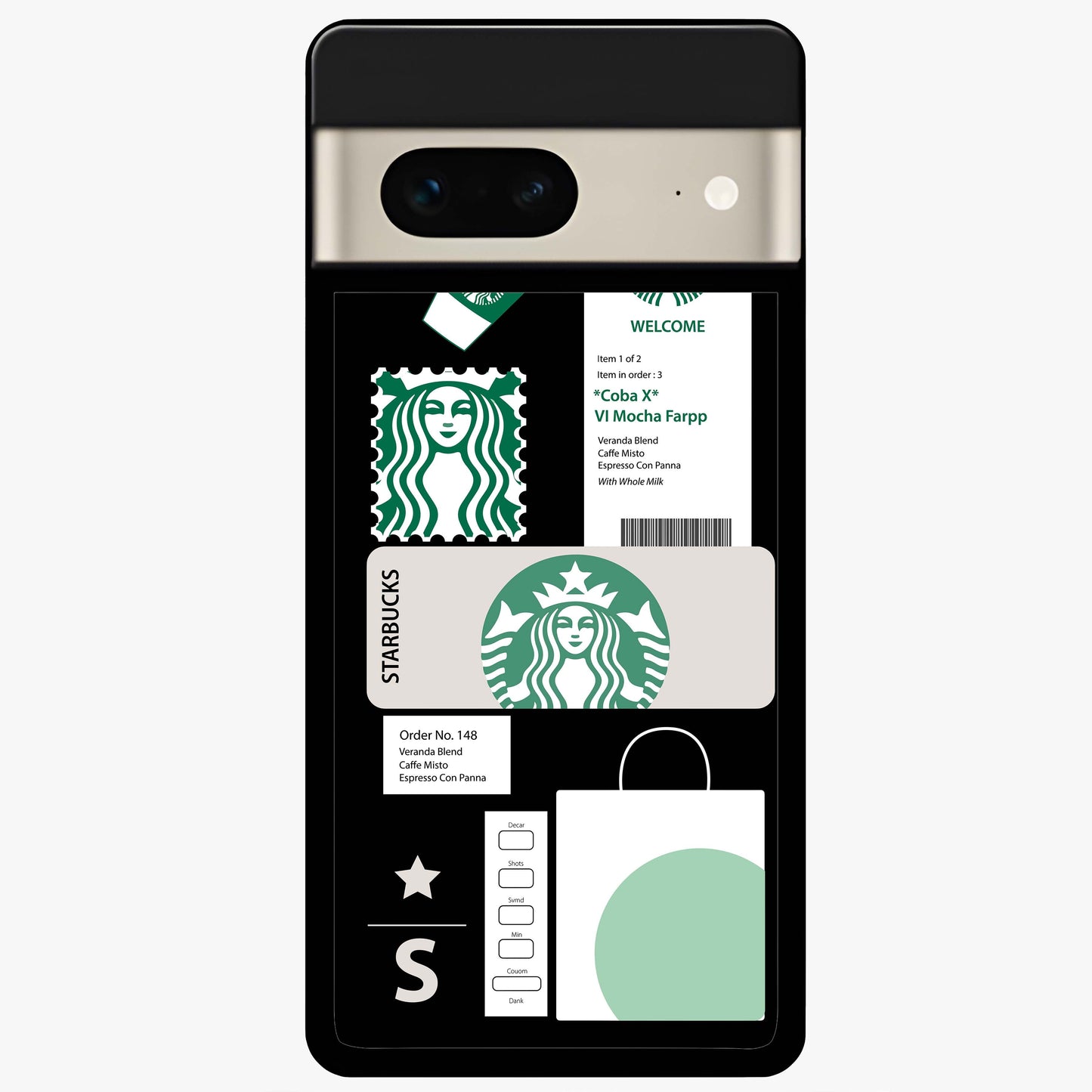 Starbucks Mocha Glass Case showing flat back view with coffee inspired artwork and glossy glass finish.