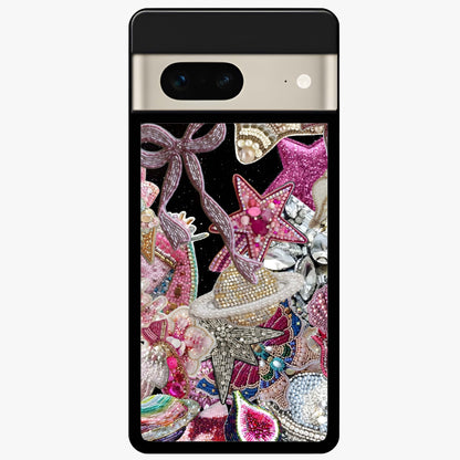 Starlit Jewel Dream Glass Case showing flat back view with sparkling jewel and star themed artwork and glossy glass finish.