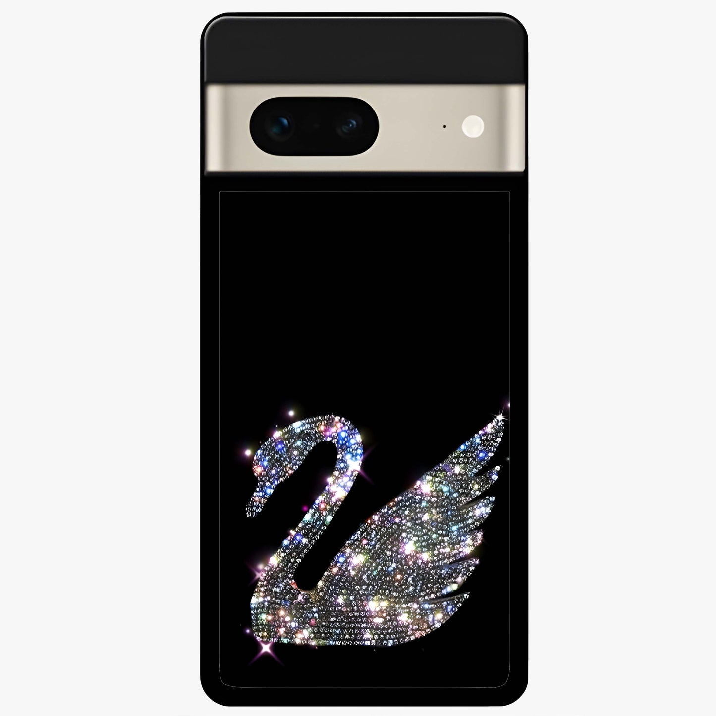 Starlit Swan Grace Glass Case showing flat back view with graceful swan artwork under starry sky and glossy glass finish.