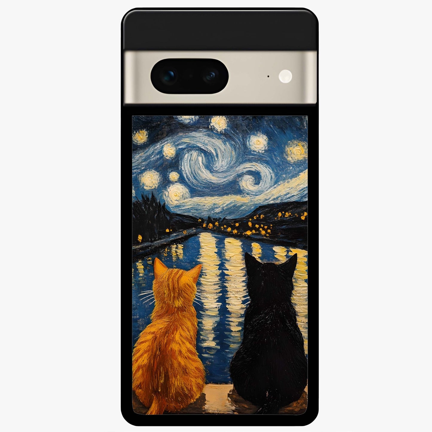 Starry River Cats Glass Case showing flat back view with cats by a starry river artwork and glossy glass finish.