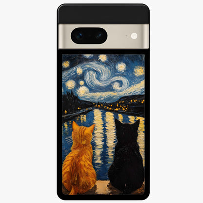 Starry River Cats Glass Case showing flat back view with cats by a starry river artwork and glossy glass finish.