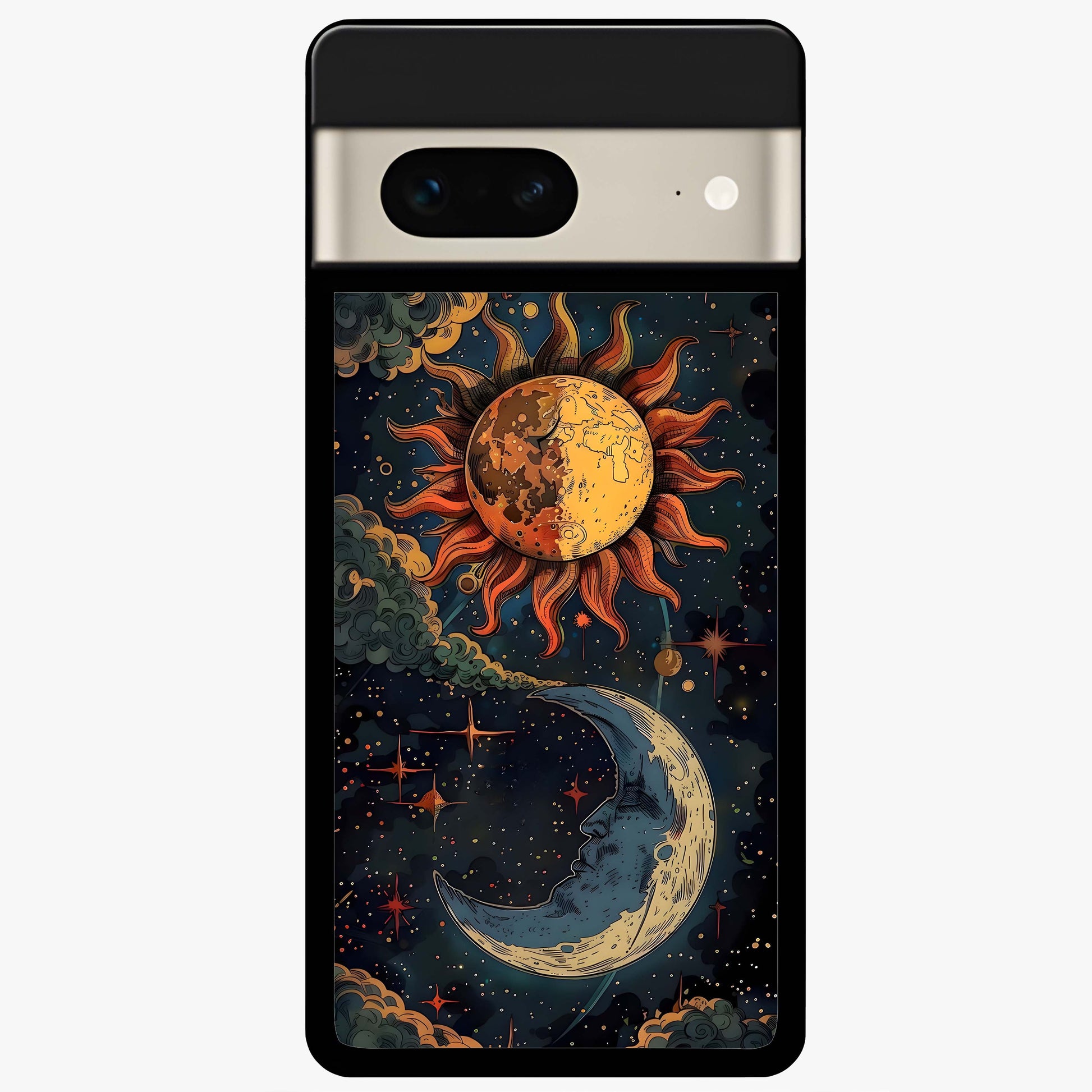 Sun And Moon Magic Design Glass Case showing flat back view with mystical sun and moon artwork and glossy glass finish.