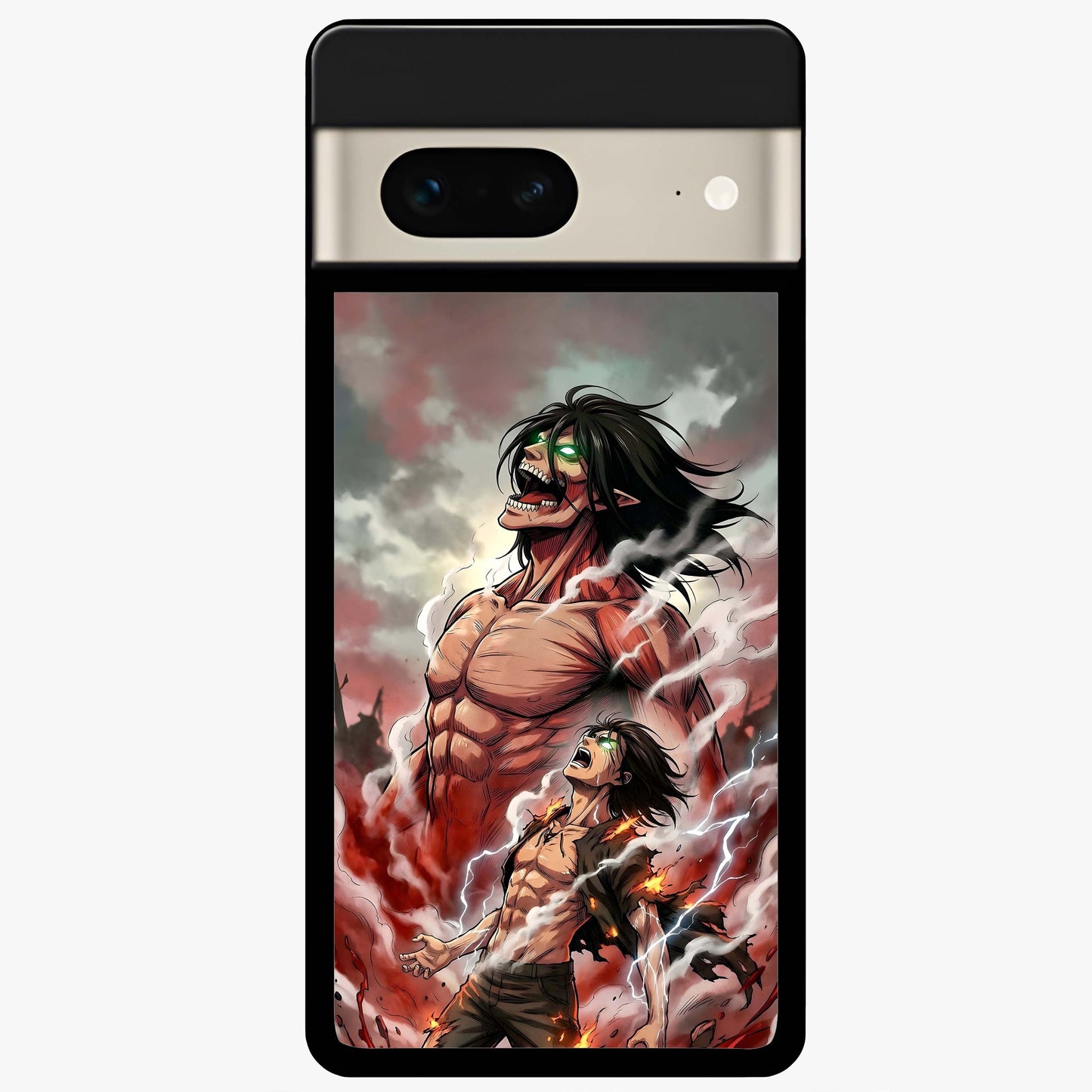 Titan Awakening Fury Glass Case showing flat back view with powerful titan inspired artwork and glossy glass finish.