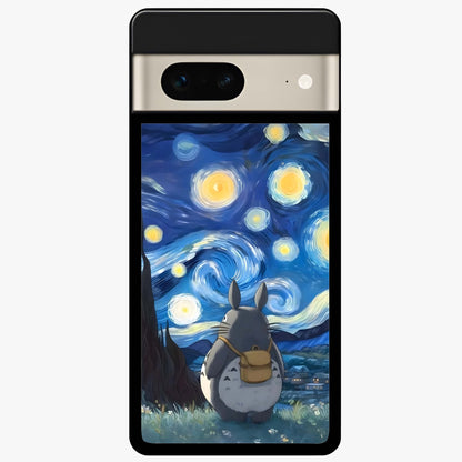 Totoro In Van Gogh Art Glass Case showing flat back view with whimsical character artwork inspired by Van Gogh style and glossy glass finish.