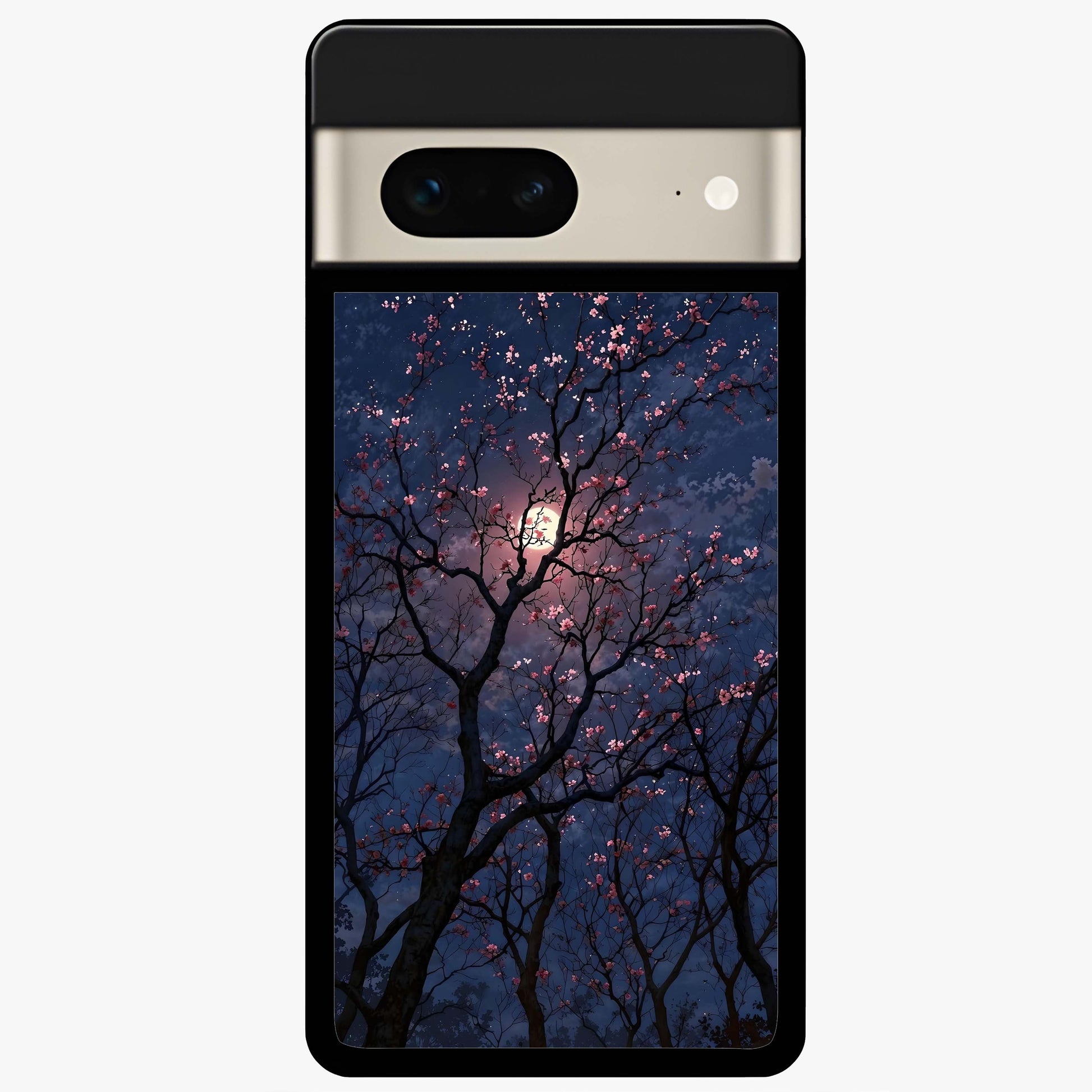 Twilight Sakura Serenade Glass Case showing flat back view with cherry blossom artwork at twilight and glossy glass finish.