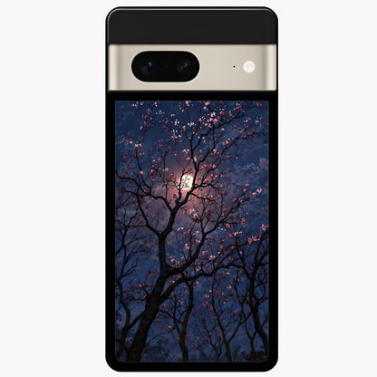 Twilight Sakura Serenade Glass Case showing flat back view with cherry blossom artwork at twilight and glossy glass finish.