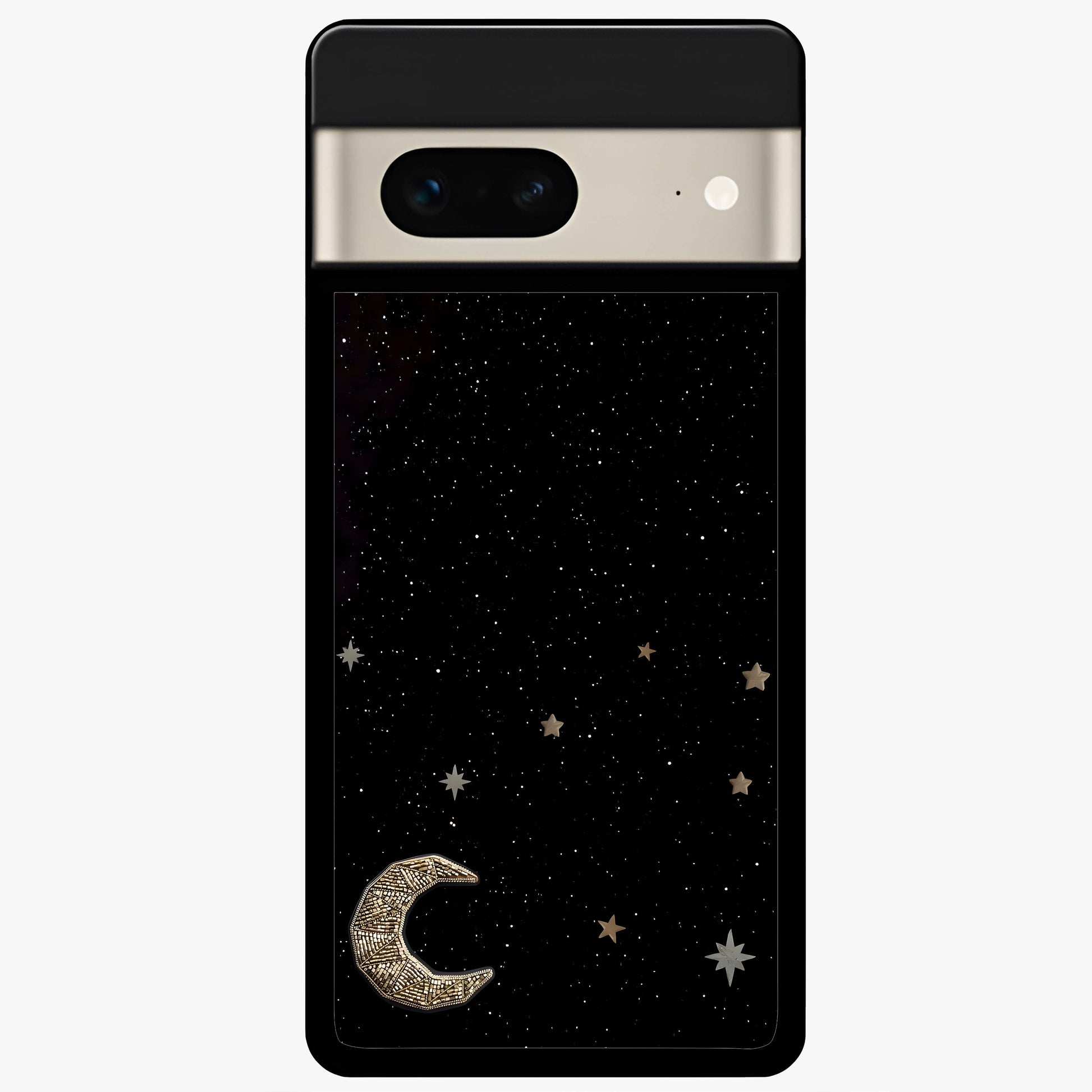 Twinkle Star With Half Moon Glass Case showing flat back view with star and half moon artwork and glossy glass finish.