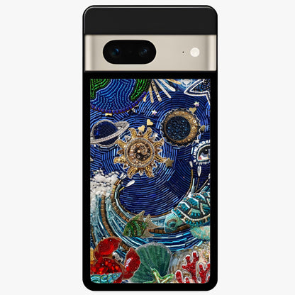 Universe Underwater Spark Glass Case showing flat back view with cosmic underwater themed artwork and glossy glass finish.