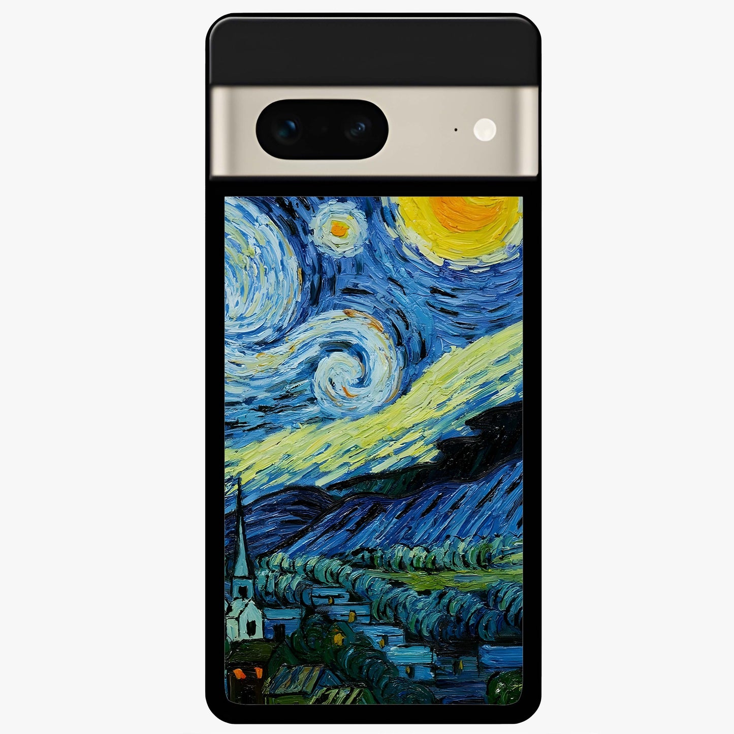 Van Gogh Art Glass Case showing flat back view with classic painterly artwork inspired by Van Gogh style and glossy glass finish.