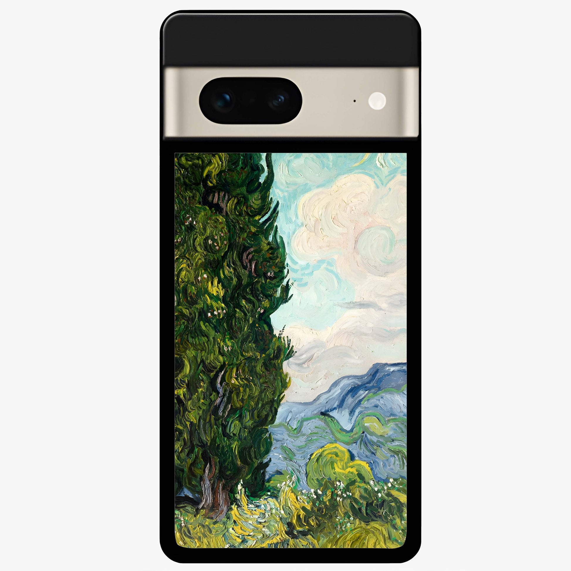 Van Gogh Vintage Art Glass Case showing flat back view with vintage painterly artwork inspired by Van Gogh style and glossy glass finish.
