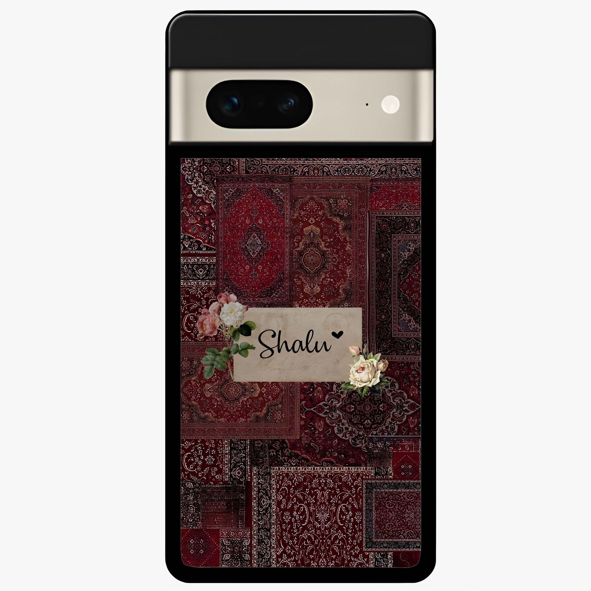 Velvet Wine Pattern Custom Name Glass Case showing flat back view with elegant wine colored pattern artwork and personalized name design.
