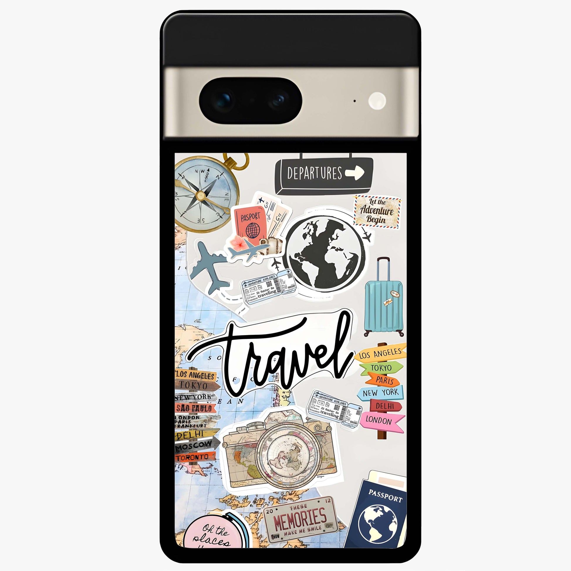 Wanderlust Journal Glass Case showing flat back view with travel inspired artwork and glossy glass finish.