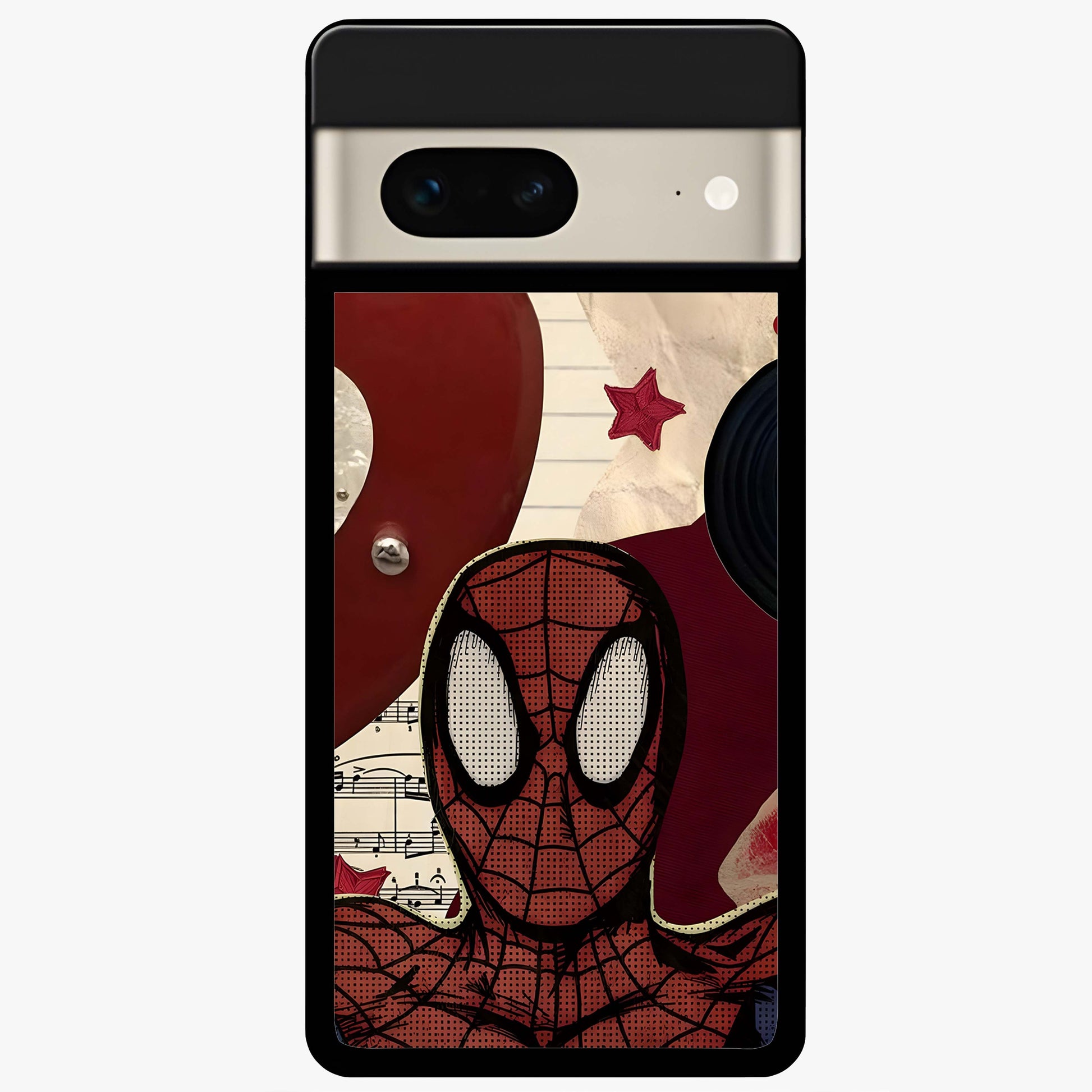 Web Warrior Vibes Glass Case showing flat back view with superhero inspired web themed artwork and glossy glass finish.