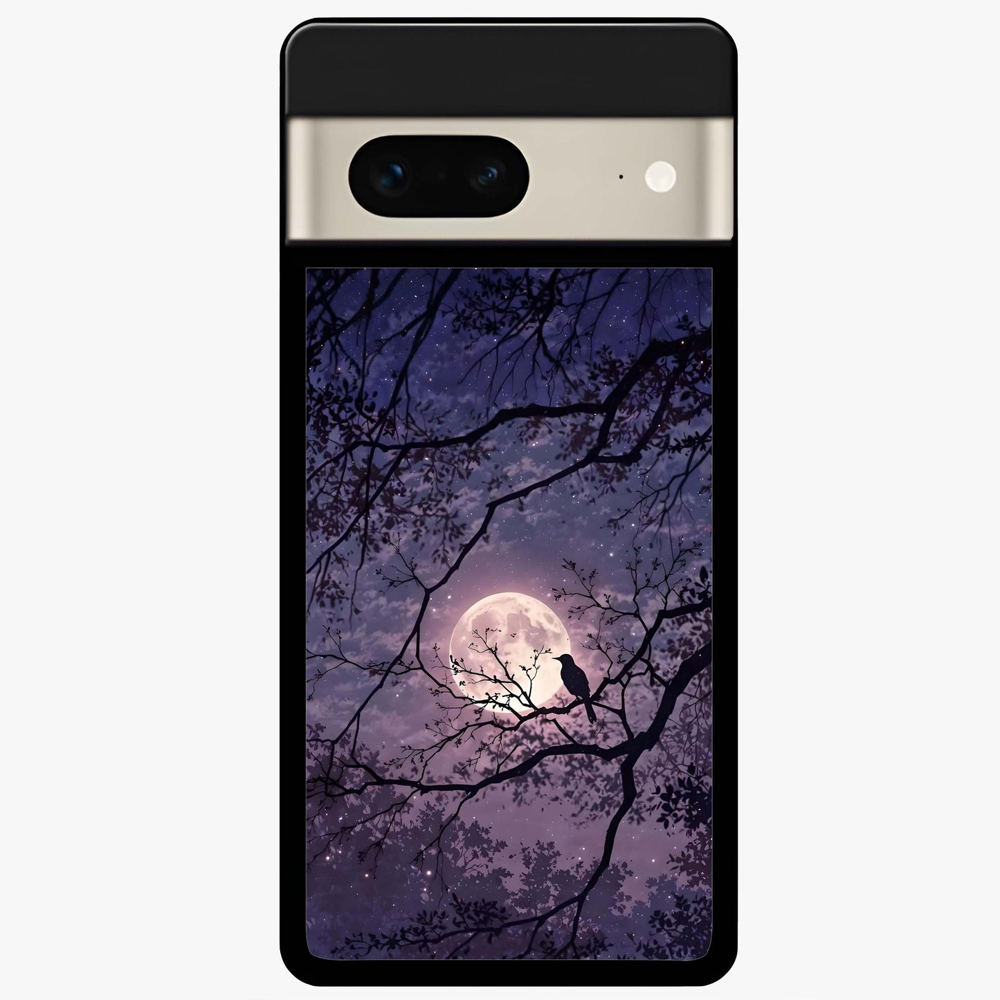 Whispering Moon Silence Glass Case showing flat back view with serene moon themed artwork and glossy glass finish.