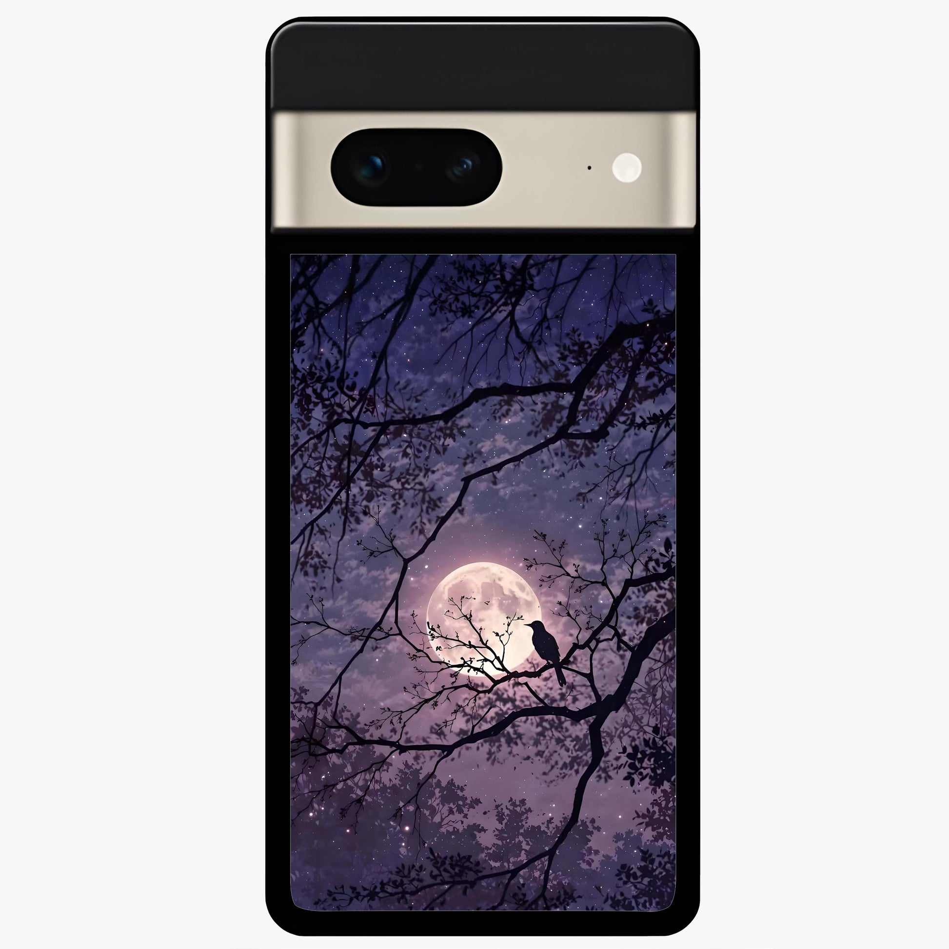 Whispering Moon Silence Glass Case showing flat back view with serene moon themed artwork and glossy glass finish.