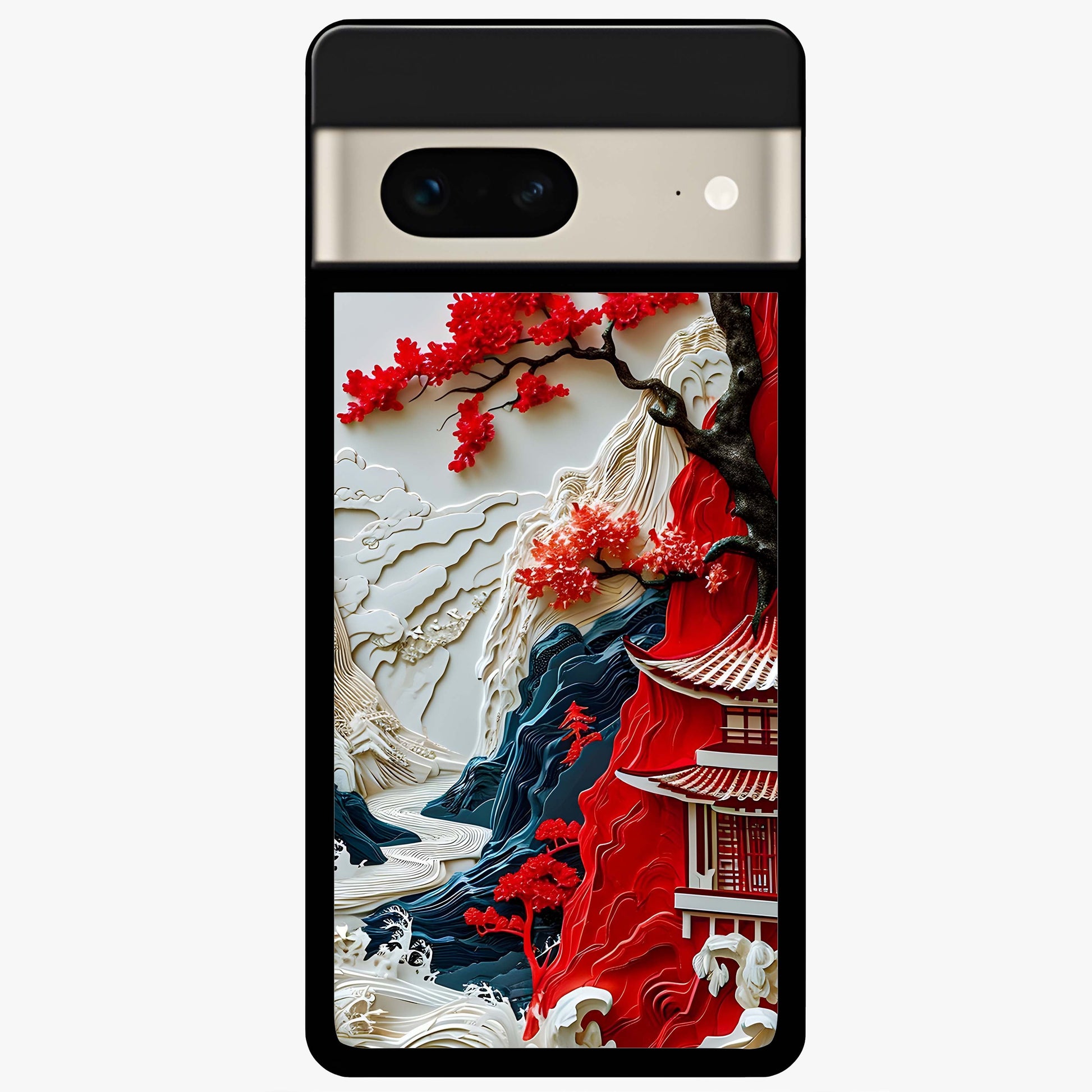 Whispers Of Sakura Waves Glass Case showing flat back view with cherry blossom wave artwork and glossy glass finish.