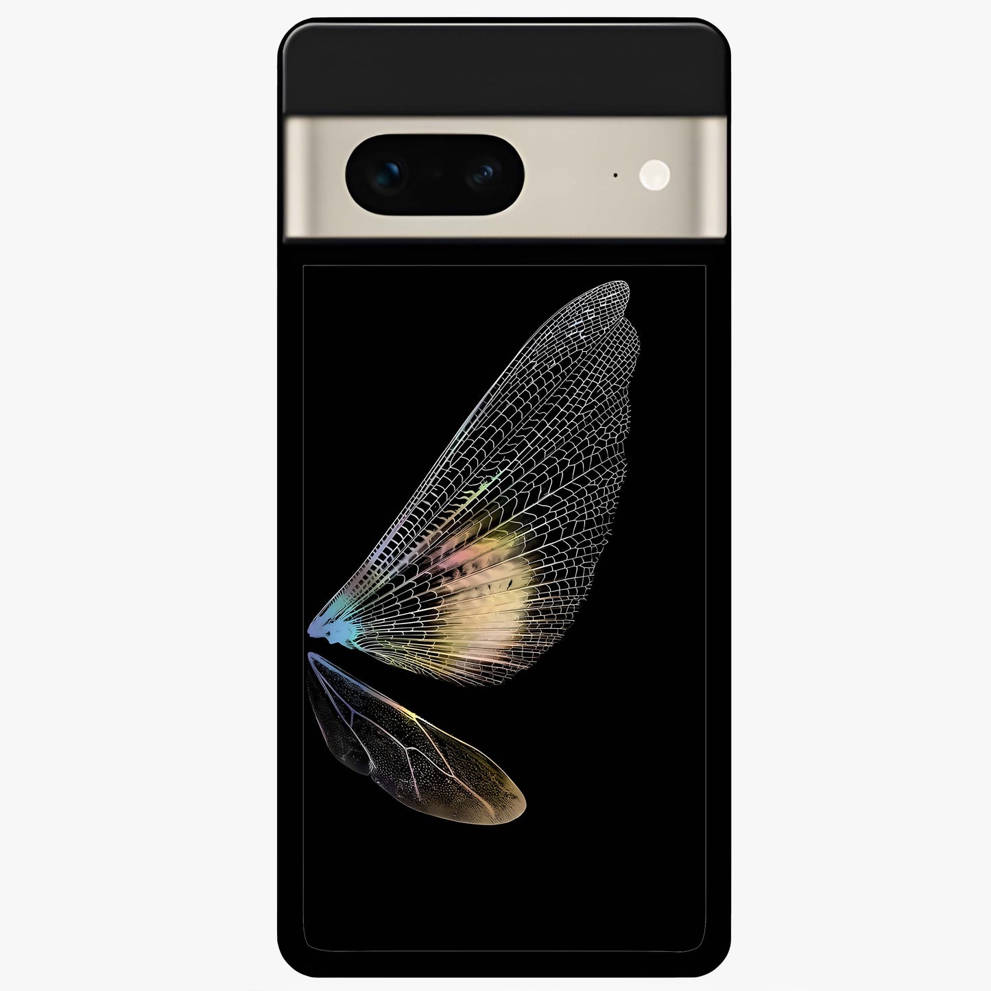 Whispers Of Wings Glass Case showing flat back view with graceful wing inspired artwork and glossy glass finish.