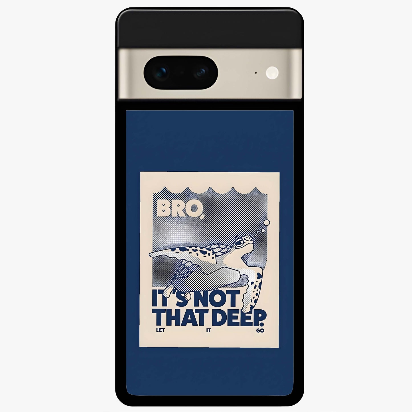 Worry Less Swim Glass Case showing flat back view with playful motivational artwork and glossy glass finish.