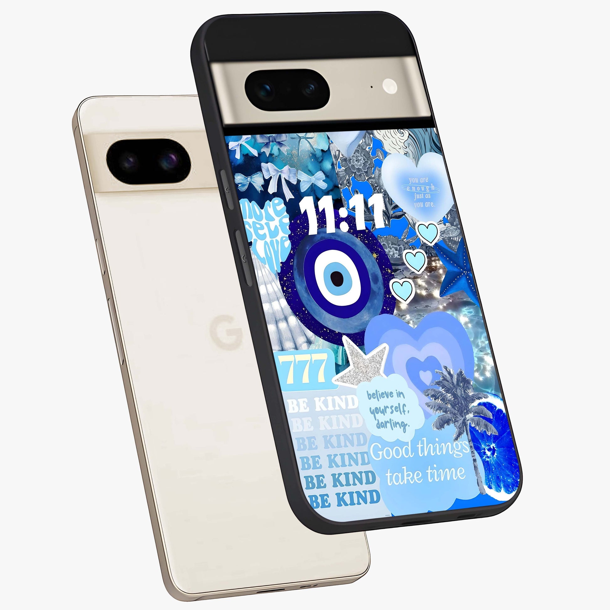 Aesthetic Be Kind Eye Glass Case displayed in angled mockup highlighting aesthetic eye design and inspirational vibe.