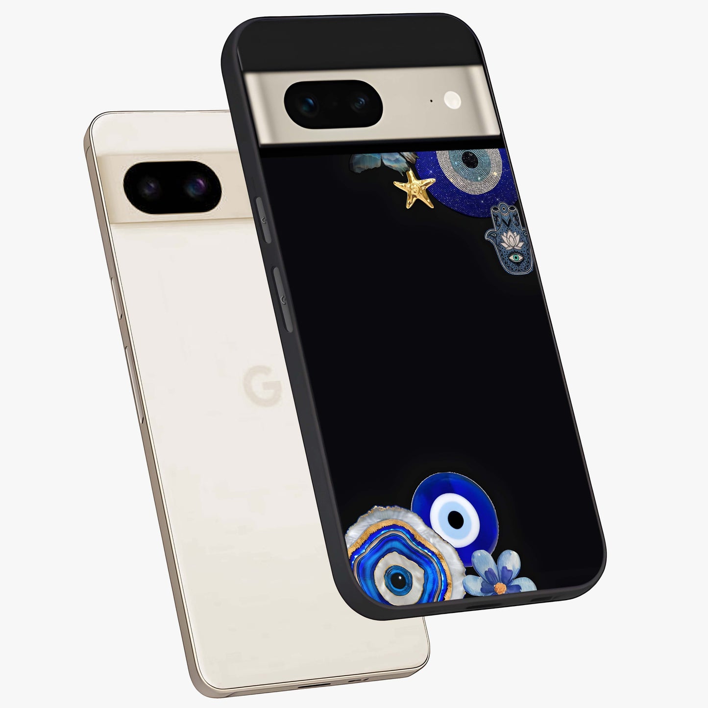Aesthetic Blue Evil Eye Glass Case displayed in angled mockup highlighting blue evil eye symbol and spiritual aesthetic design.
