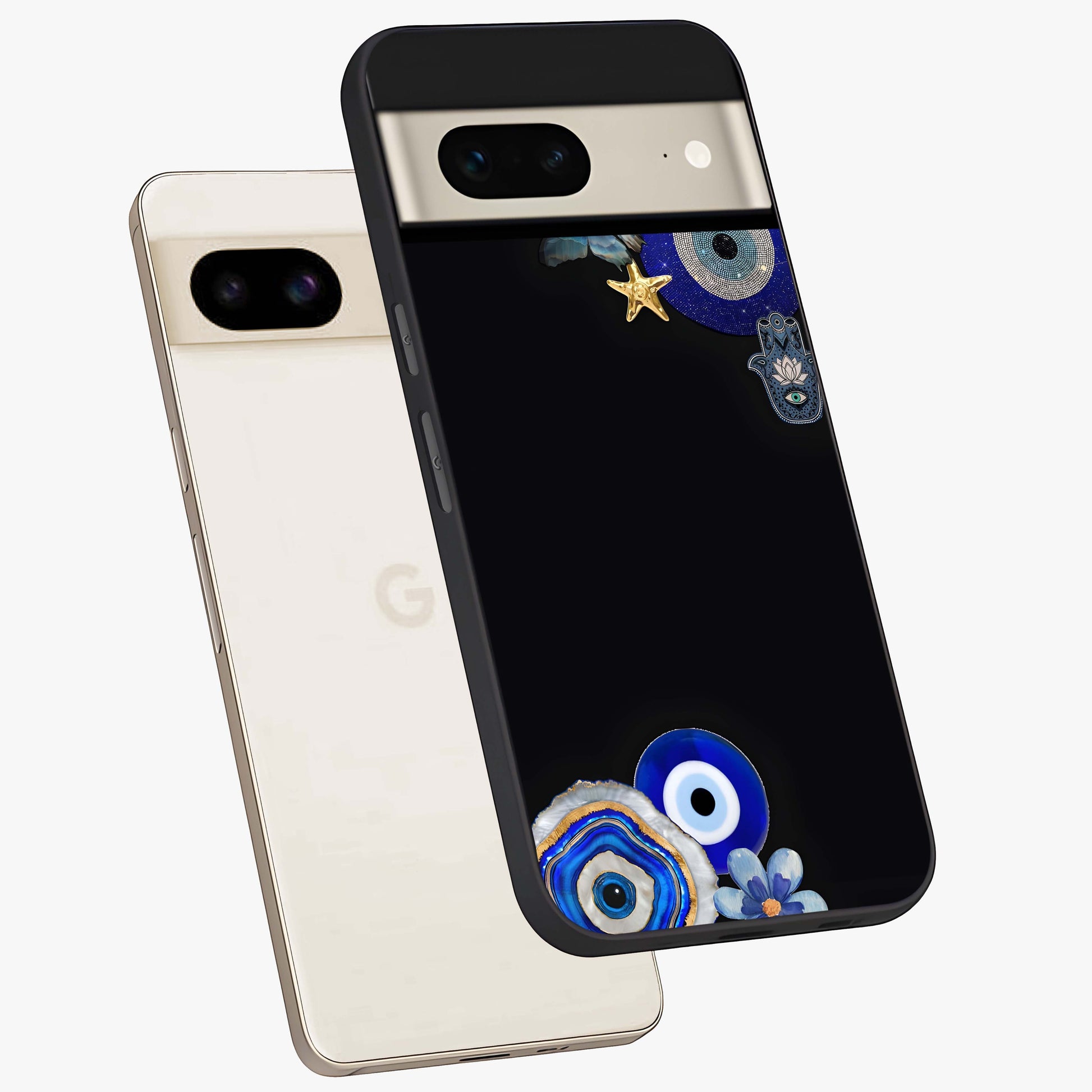 Aesthetic Blue Evil Eye Glass Case displayed in angled mockup highlighting blue evil eye symbol and spiritual aesthetic design.