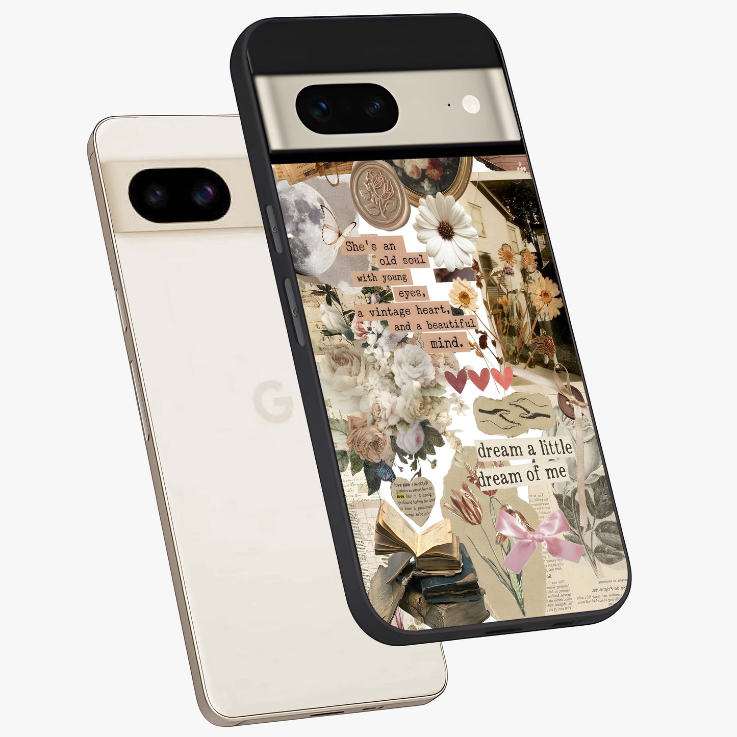 Aesthetic Brown Vintage Collage Glass Case displayed in angled mockup highlighting vintage aesthetic collage design.