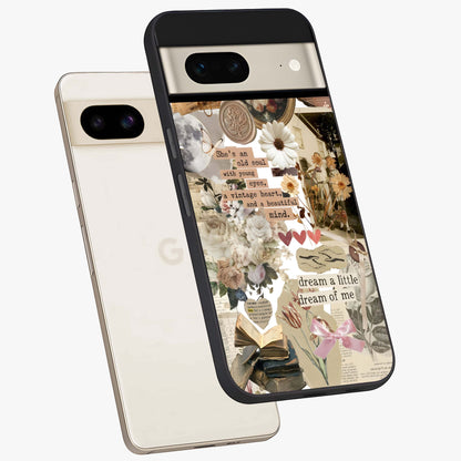 Aesthetic Brown Vintage Collage Glass Case displayed in angled mockup highlighting vintage aesthetic collage design.