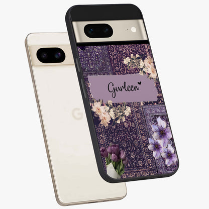 Antique Floral Whisper Custom Name Glass Case displayed in angled mockup highlighting elegant antique floral aesthetic.