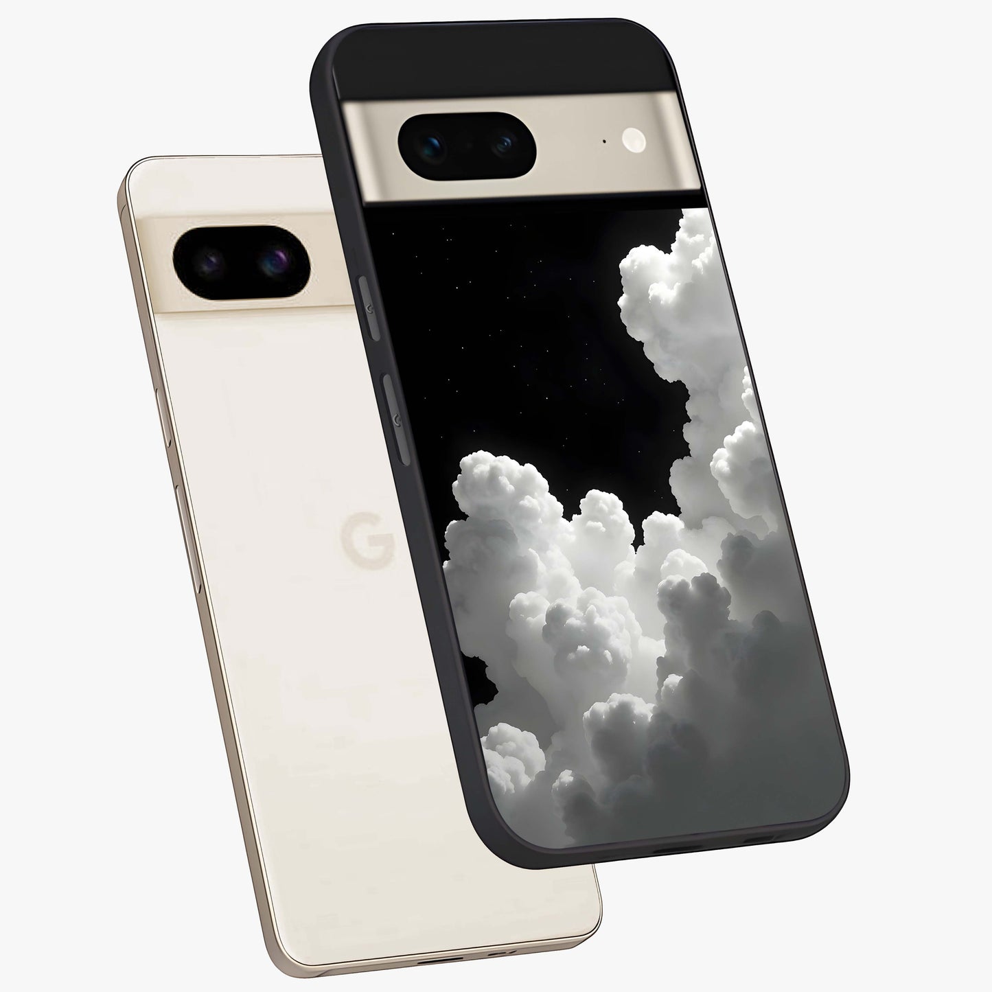 Black Background With White Cloud Glass Case displayed in angled mockup highlighting soft white cloud illustration and minimal design.
