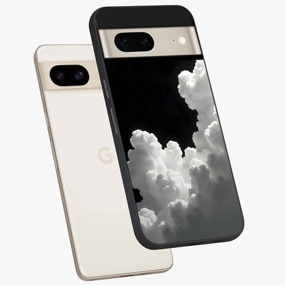 Black Background With White Cloud Glass Case displayed in angled mockup highlighting soft white cloud illustration and minimal design.
