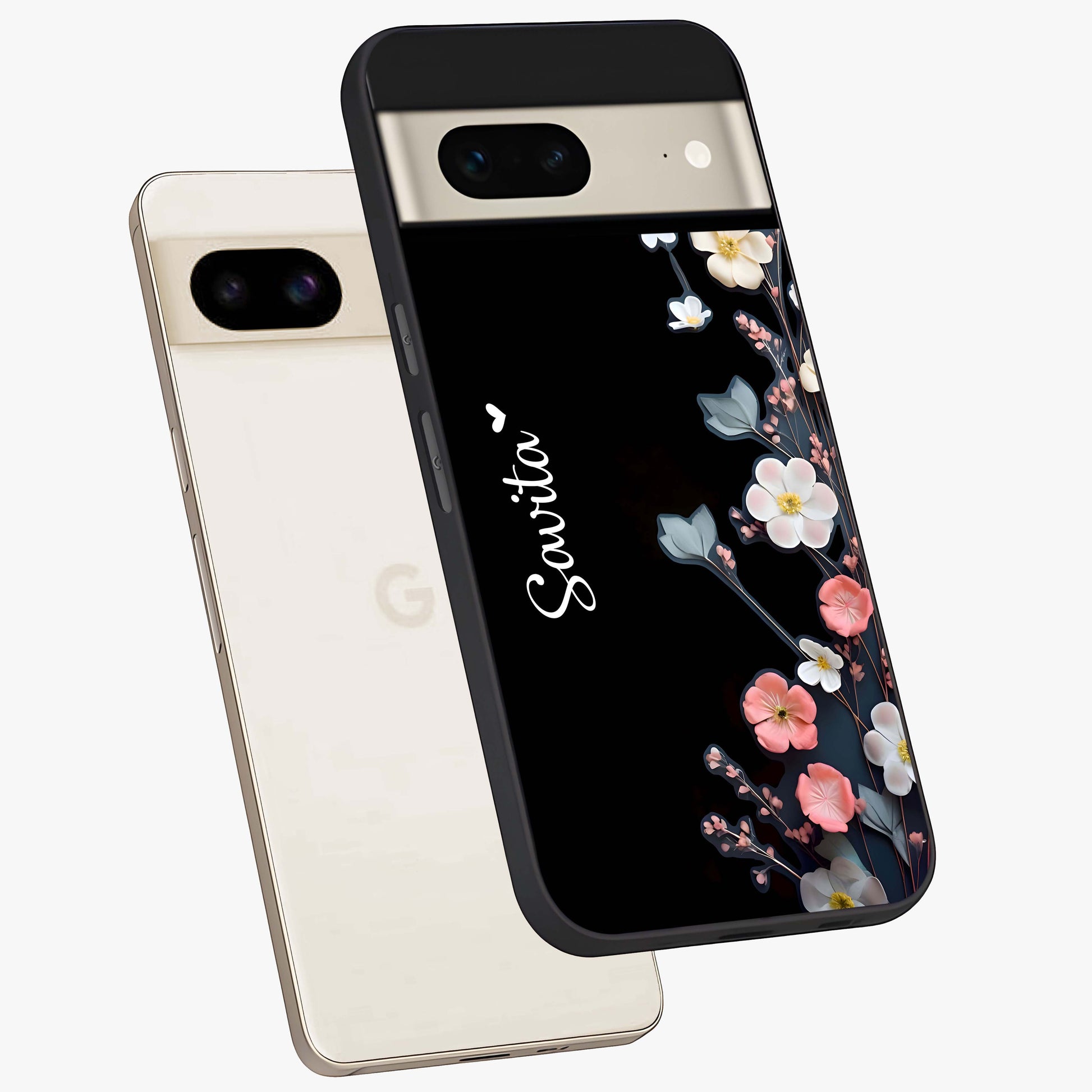 Black Elegance Floral Custom Name Glass Case displayed in angled mockup highlighting dark floral aesthetic and custom name feature.