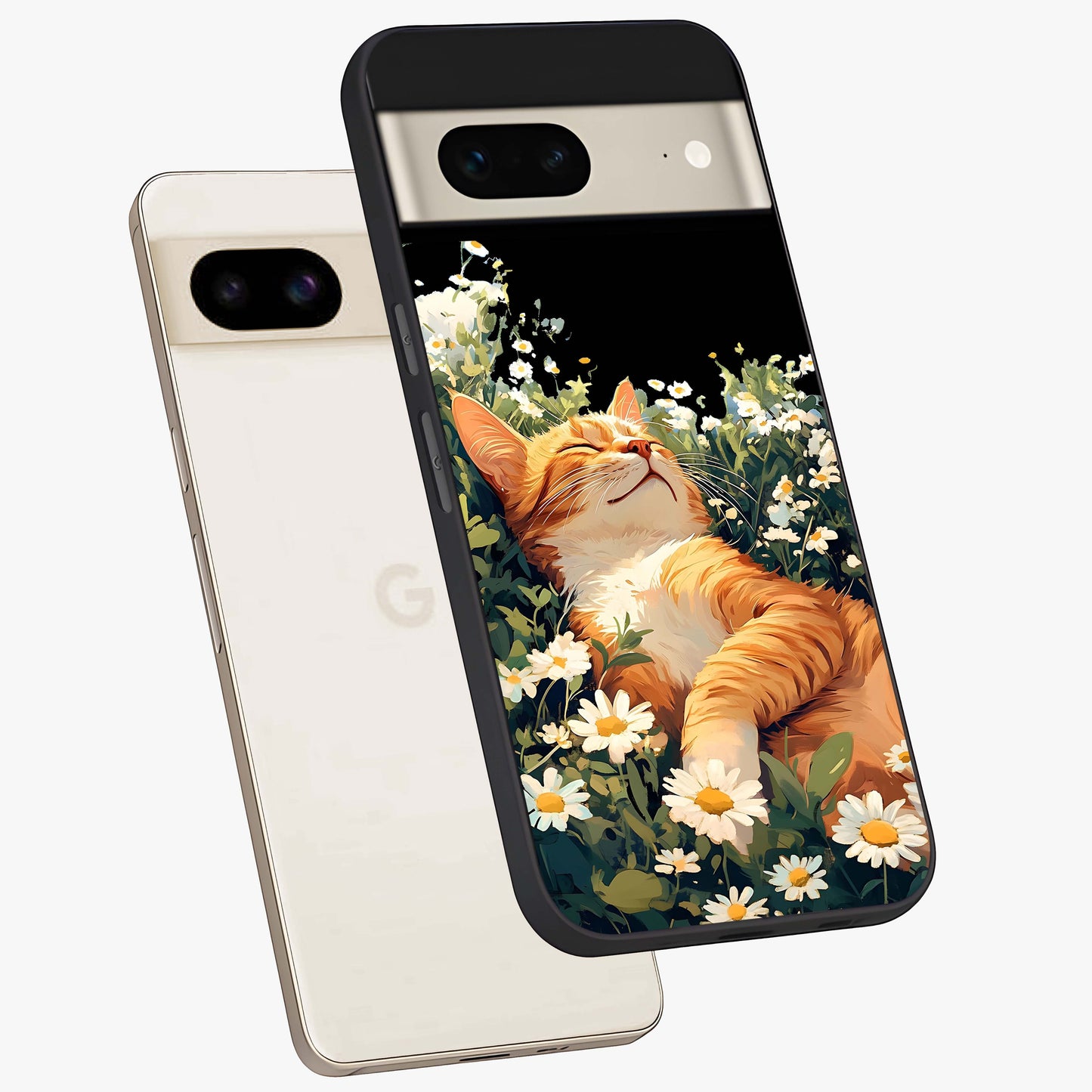 Blissful Bloom Cat Glass Case displayed in angled mockup highlighting playful feline illustration with soft floral aesthetic.