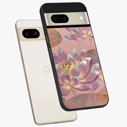 Blossom Mist Lotus Glass Case displayed in angled mockup highlighting delicate lotus illustration with calm aesthetic theme.