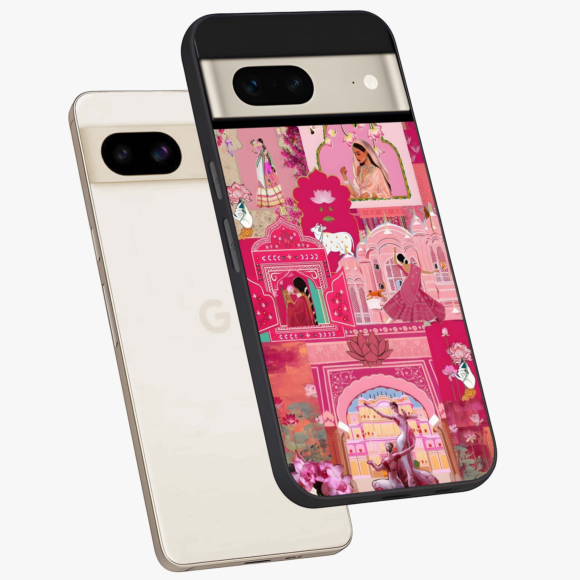 Blossoms of Rajasthan Glass Case displayed in angled mockup highlighting vibrant floral pattern with cultural aesthetic style.