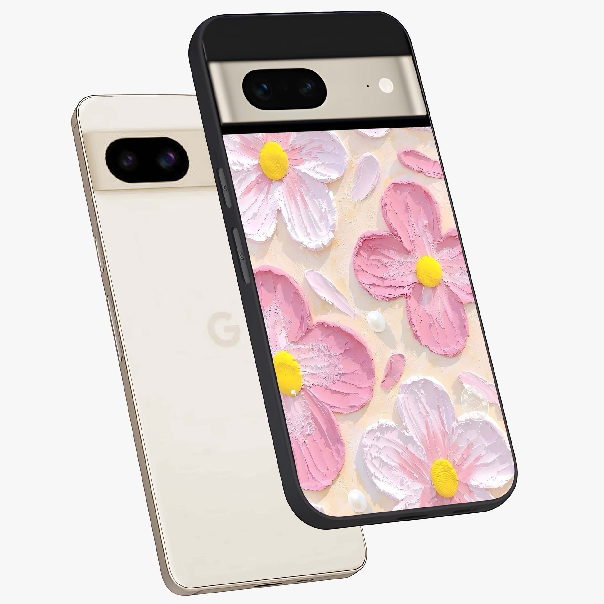 Blush Bloom Texture Glass Case displayed in angled mockup highlighting subtle bloom pattern with aesthetic pastel design.