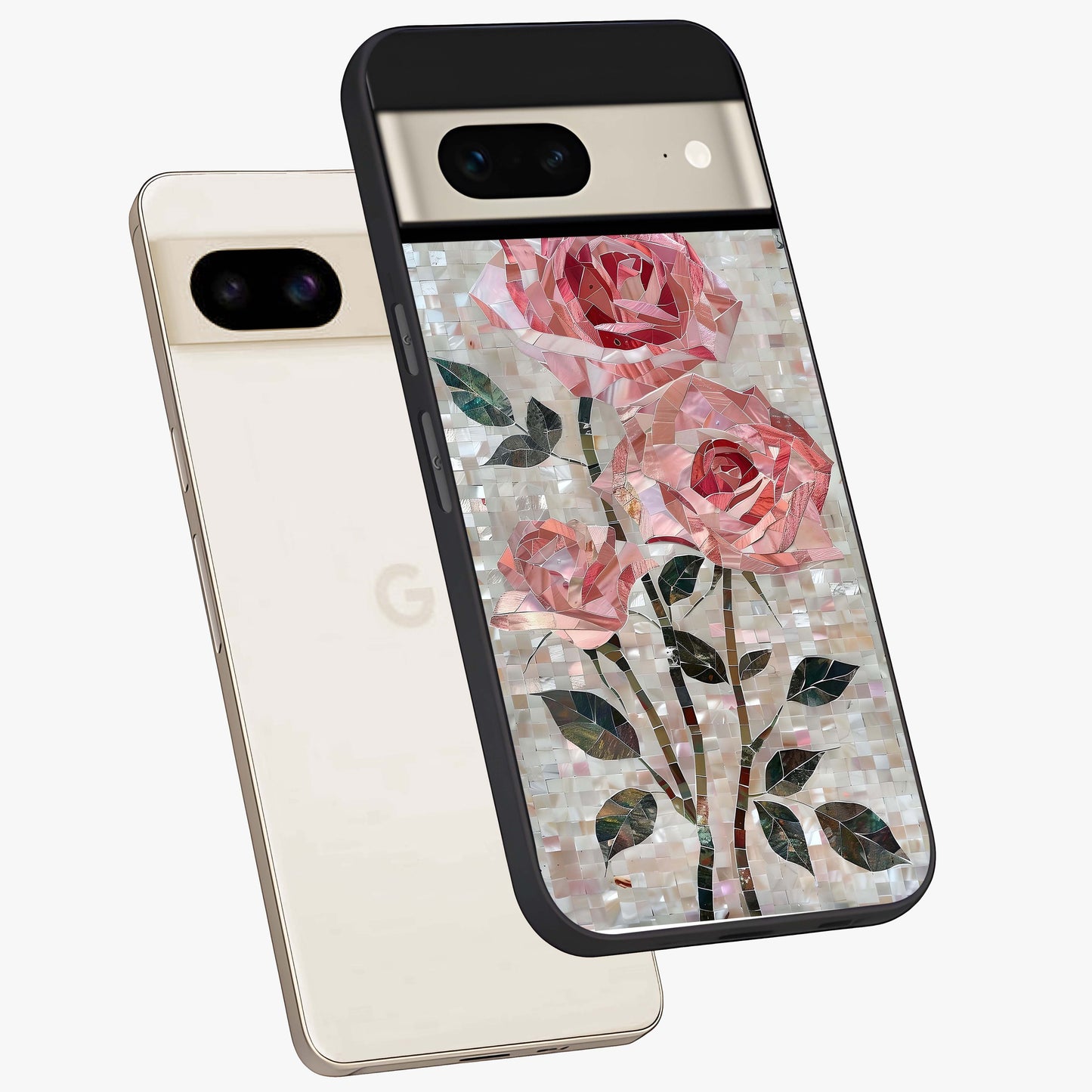 Blush Mosaic Bloom Glass Case displayed in angled mockup highlighting artistic mosaic flower pattern with aesthetic design.