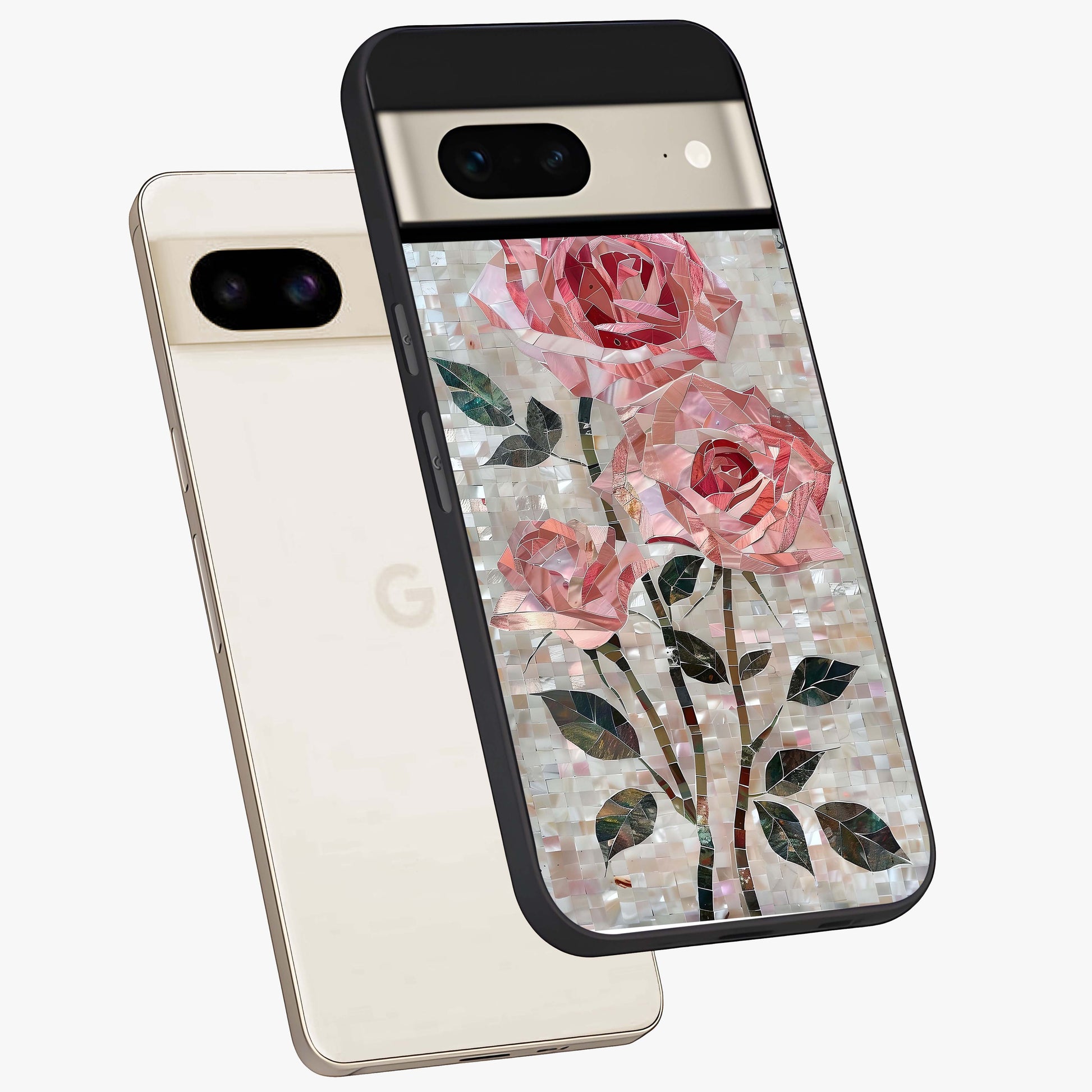 Blush Mosaic Bloom Glass Case displayed in angled mockup highlighting artistic mosaic flower pattern with aesthetic design.
