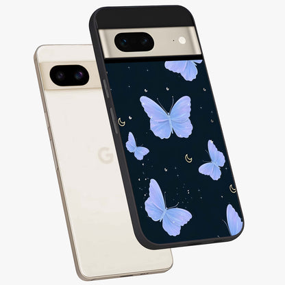 Butterfly With Stars Pattern Glass Case displayed in angled mockup highlighting dreamy butterfly and star design with aesthetic theme.
