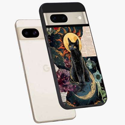 Celestial Black Cat Glass Case displayed in angled mockup highlighting cosmic black cat design with celestial aesthetic.