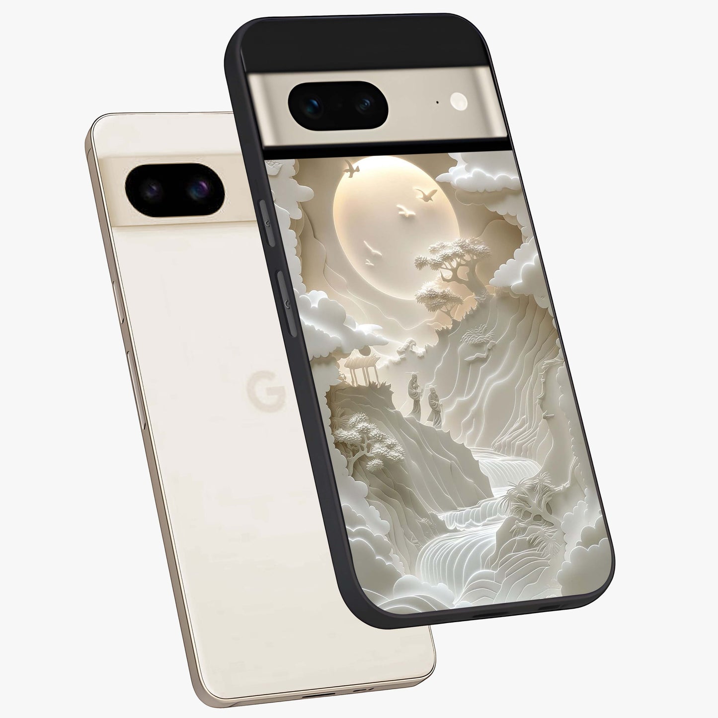 Celestial Origami Glass Case displayed in angled mockup highlighting geometric origami design with cosmic aesthetic theme.