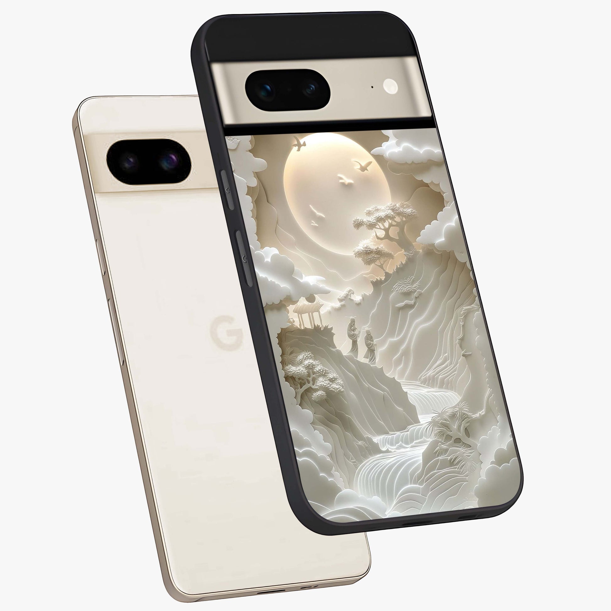 Celestial Origami Glass Case displayed in angled mockup highlighting geometric origami design with cosmic aesthetic theme.