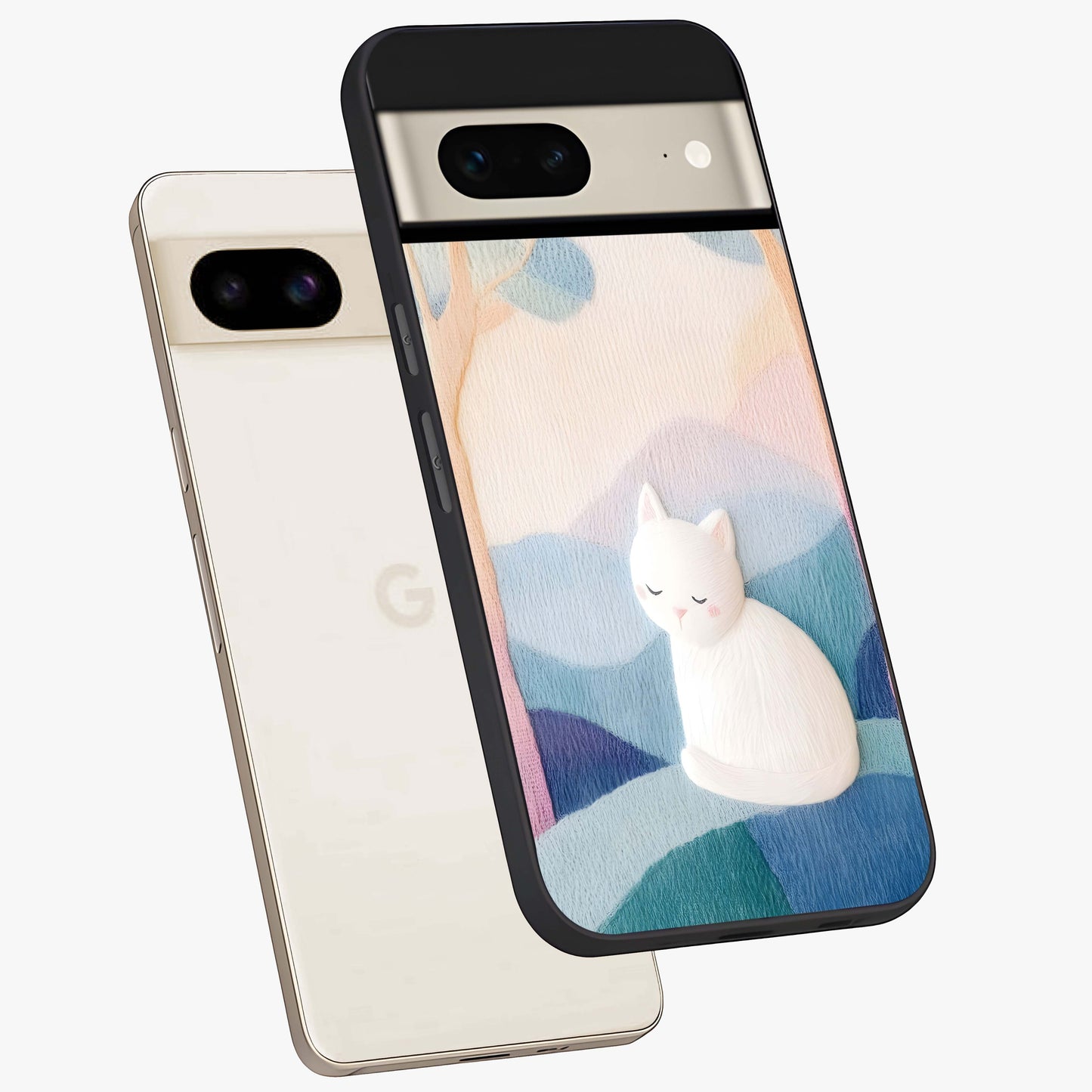 Cotton Dream Cat Glass Case displayed in angled mockup highlighting cute feline illustration with pastel aesthetic style.