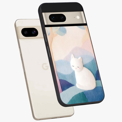 Cotton Dream Cat Glass Case displayed in angled mockup highlighting cute feline illustration with pastel aesthetic style.