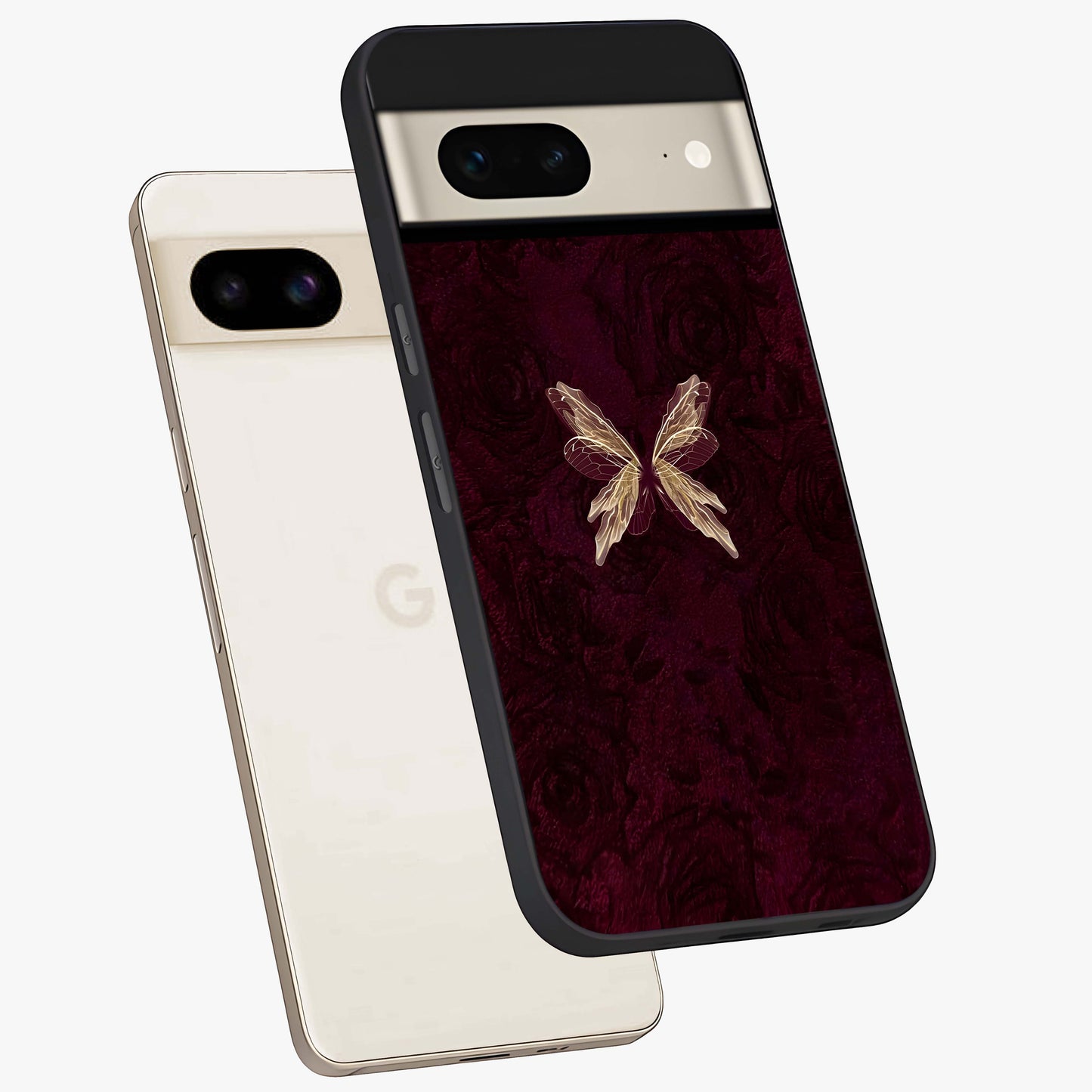 Crimson Fade Butterfly Glass Case displayed in angled mockup highlighting elegant butterfly design with crimson gradient aesthetic.